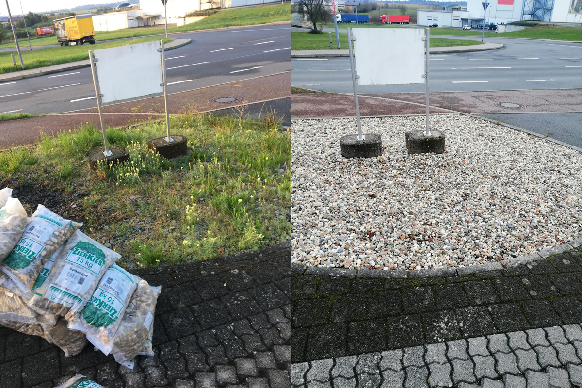 Vorher-Nachher-Vergleich einer überwucherten Fläche nach Entfernung des Bewuchses und Gestaltung mit Zierkies durch Watan Gartenservice